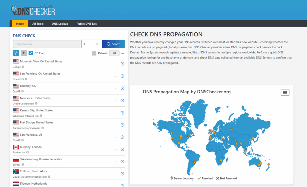 DNS checker - mapa propagacji