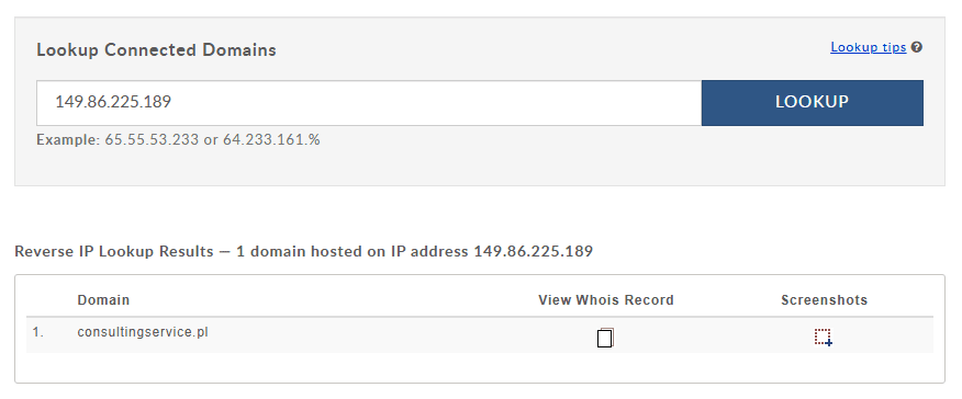 Statyczny adres IP witryny ConsultingService.pl w narzędziu Reverse IP Lookup