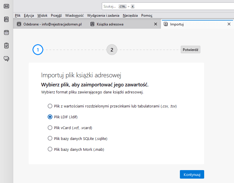 Import książki adresowej w programie Thunderbird