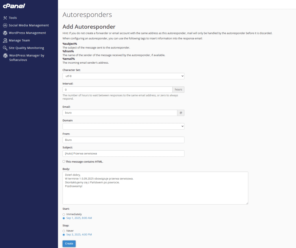 Tworzenie autorespondera w cPanel